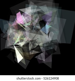 Abstract geometric pattern consisting of triangles of various sizes and transparency on a black background