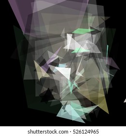 Abstract geometric pattern consisting of triangles of various sizes and transparency on a black background