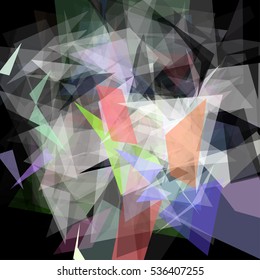 Abstract geometric pattern consisting of triangles of various sizes and transparency on a black background