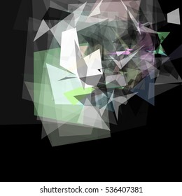 Abstract geometric pattern consisting of triangles of various sizes and transparency on a black background