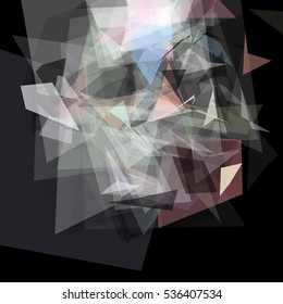 Abstract geometric pattern consisting of triangles of various sizes and transparency on a black background