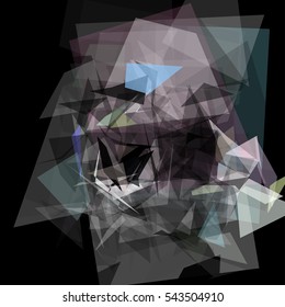 Abstract geometric pattern consisting of triangles of various sizes and transparency on a black background