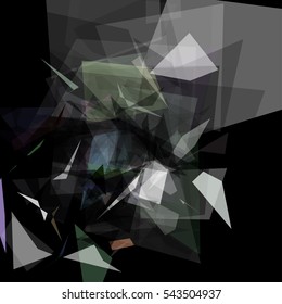 Abstract geometric pattern consisting of triangles of various sizes and transparency on a black background