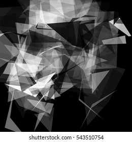 Abstract geometric pattern consisting of triangles of various sizes and transparency on a black background