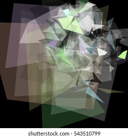 Abstract geometric pattern consisting of triangles of various sizes and transparency on a black background