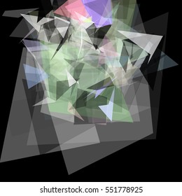 Abstract geometric pattern consisting of triangles of various sizes and transparency on a black background