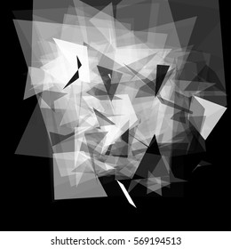 Abstract geometric pattern consisting of triangles of various sizes and transparency on a black background
