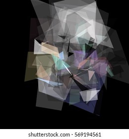 Abstract geometric pattern consisting of triangles of various sizes and transparency on a black background