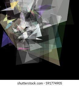 Abstract geometric pattern consisting of triangles of various sizes and transparency on a black background