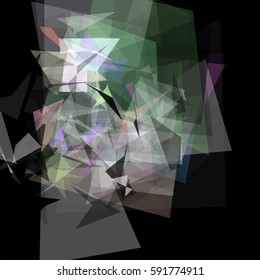 Abstract geometric pattern consisting of triangles of various sizes and transparency on a black background