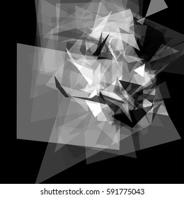 Abstract geometric pattern consisting of triangles of various sizes and transparency on a black background