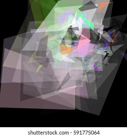Abstract geometric pattern consisting of triangles of various sizes and transparency on a black background