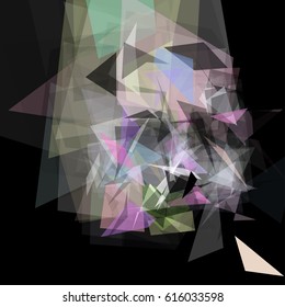 Abstract geometric pattern consisting of triangles of various sizes and transparency on a black background