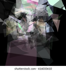 Abstract geometric pattern consisting of triangles of various sizes and transparency on a black background