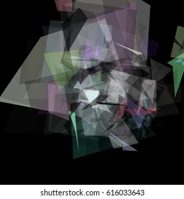 Abstract geometric pattern consisting of triangles of various sizes and transparency on a black background