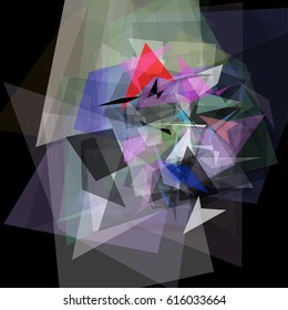 Abstract geometric pattern consisting of triangles of various sizes and transparency on a black background