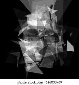 Abstract geometric pattern consisting of triangles of various sizes and transparency on a black background