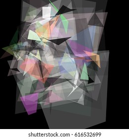 Abstract geometric pattern consisting of triangles of various sizes and transparency on a black background