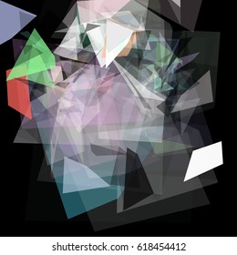 Abstract geometric pattern consisting of triangles of various sizes and transparency on a black background