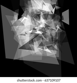 Abstract geometric pattern consisting of triangles of various sizes and transparency on a black background