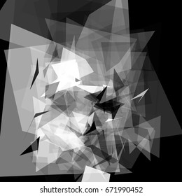 Abstract geometric pattern consisting of triangles of various sizes and transparency on a black background