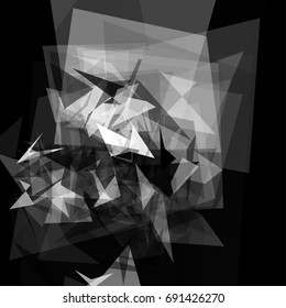 Abstract geometric pattern consisting of triangles of various sizes and transparency on a black background