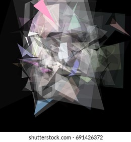 Abstract geometric pattern consisting of triangles of various sizes and transparency on a black background