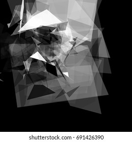 Abstract geometric pattern consisting of triangles of various sizes and transparency on a black background