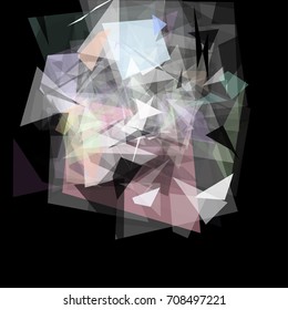 Abstract geometric pattern consisting of triangles of various sizes and transparency on a black background