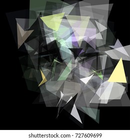 Abstract geometric pattern consisting of triangles of various sizes and transparency on a black background