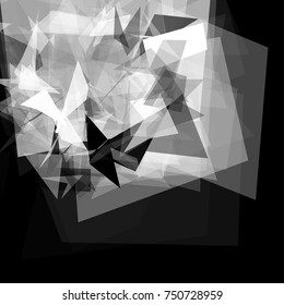 Abstract geometric pattern consisting of triangles of various sizes and transparency on a black background