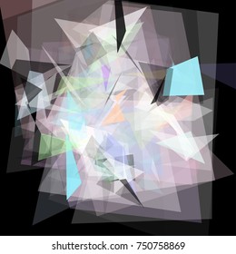 Abstract geometric pattern consisting of triangles of various sizes and transparency on a black background