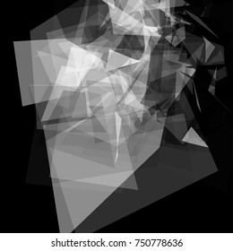 Abstract geometric pattern consisting of triangles of various sizes and transparency on a black background