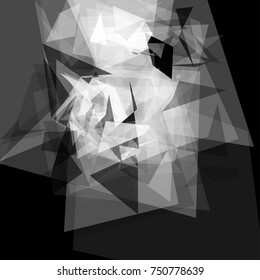 Abstract geometric pattern consisting of triangles of various sizes and transparency on a black background