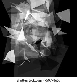 Abstract geometric pattern consisting of triangles of various sizes and transparency on a black background