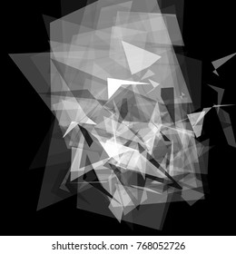 Abstract geometric pattern consisting of triangles of various sizes and transparency on a black background