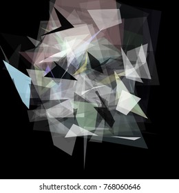 Abstract geometric pattern consisting of triangles of various sizes and transparency on a black background