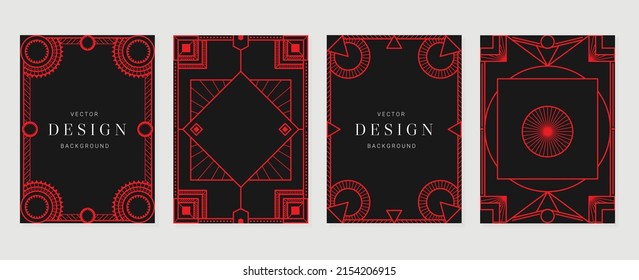 Abstract geometric pattern cover template. Set of art deco poster design with red line, ornament, shapes, borders. Art deco graphic design perfect for banner, background, wallpaper, invitation.