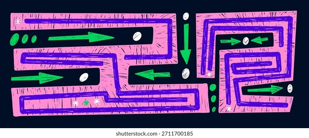 Abstractas patrón geométrico crayón colorido dibujado. Fondo de garabato ingenuo laberinto. fondo decorativo de adorno tribal laberinto. Figuras de rectángulos pastel de tiza ingenua. Vector bg Horizontal.