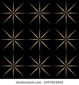 Abstraktes geometrisches Muster mit Kreuzen, Streifen, Linien. Nahtloser Vektorhintergrund. Schwarze und goldene Blumendekoration. Modernes vernetztes Grafikdesign.