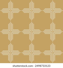 Abstract geometric pattern with crosses, stripes, lines. Seamless vector background. White and gold ornament. Modern reticulated graphic design.