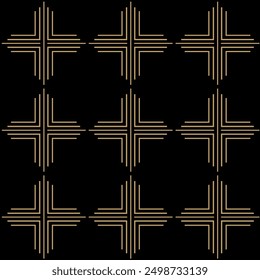 Abstract geometric pattern with crosses, stripes, lines. Seamless vector background. Black and gold ornament. Modern reticulated graphic design.