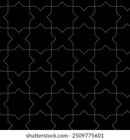 Abstraktes geometrisches Muster mit Kreuzen, Streifen, Linien. Nahtloser Vektorhintergrund. Schwarz-goldene Ornamente. Modernes vernetztes Grafikdesign.