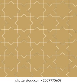Abstract geometric pattern with crosses, stripes, lines. Seamless vector background. White and gold ornament. Modern reticulated graphic design.