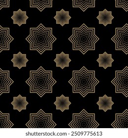Abstract geometric pattern with crosses, stripes, lines. Seamless vector background. Black and gold ornament. Modern reticulated graphic design.