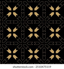 Abstract geometric pattern with crosses, stripes, lines. Seamless vector background. Black and gold ornament. Modern reticulated graphic design.