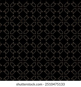 Abstraktes geometrisches Muster mit Kreuzen, Streifen, Linien. Nahtloser Vektorhintergrund. Schwarz-goldene Ornamente. Modernes vernetztes Grafikdesign.