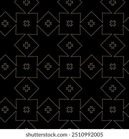 Abstract geometric pattern with crosses, stripes, lines. Seamless vector background. Black and gold ornament. Modern reticulated graphic design.