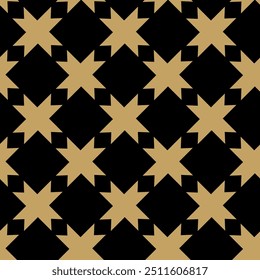 Abstract geometric pattern with crosses, stripes, lines. Seamless vector background. Black and gold ornament. Modern reticulated graphic design.