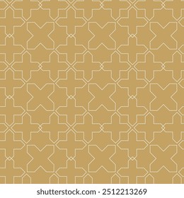 Padrão geométrico abstrato com cruzes, listras, linhas. Plano de fundo de vetor contínuo. Ornamento branco e dourado. Design gráfico reticulado moderno.